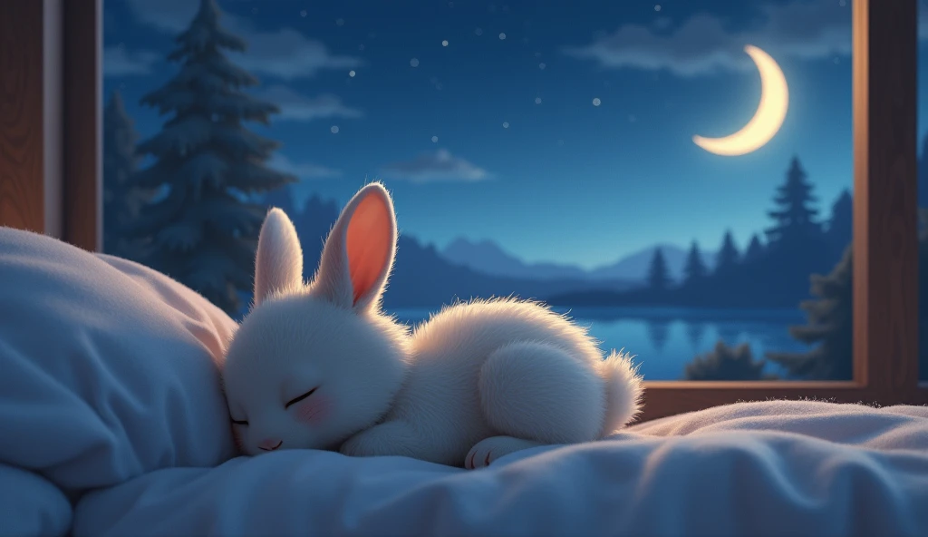 Bunny sleeping on the bed beside there is night view 