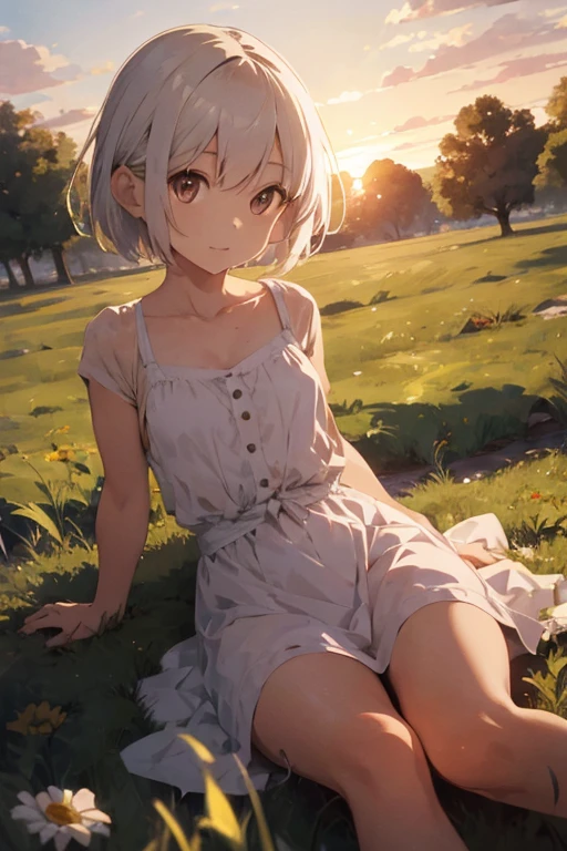 1 female, , as a child, white short hair, big chest, , small legs, small chest, red long dress, sunset sky, grass