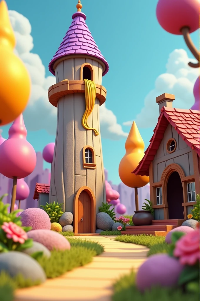 I can't seem to generate images at the moment yet, but I can guide you step by step to create the scenery of "Rapunzel" in comedy genre. Here I detail how you could structure it:
### **1. Central Stage: Rapunzel's Tower**
- **Construction of the Tower:**
- **Exaggerated height:** Build a tower that is very tall in proportion to the other elements of the stage.. The tower may have a thin, cartoonish shape., with small windows and a humorously sloping roof.
- **Rapunzel hair:** Place a thick, golden rope that hangs from the highest window in the tower to the ground.. You can make this "hair" be a mobile element, to be used in comic scenes, like when a character tries to climb and gets tangled.
- **Funny Details:**
- **Small Door:** A tiny door at the base of the tower contrasts with the exaggerated height.
- **Funny Plants:** Use brightly colored vines to climb up the tower, perhaps with giant and cartoonish flowers.
### **2. Enchanted Forest**
- **Trees and Vegetation:**
- **Cartoon Trees:** Build trees with exaggerated shapes and bright colors. The trunks can be wide at the base and thin at the top., Or vice versa, to give it a comic touch.
- **Interactive Plants:** Place plants that can "move" or have comic effects, like leaves shaking or flowers opening and closing rapidly.
- **Accessories:**
- **Rocks and Logs:** Add large foam rocks painted in bright colors or with unusual textures, and logs where the characters can sit or interact.
### **3. The witch's hut**
- **Cabin Design:**
- **Messy Cabin:** The cabin might look like a dilapidated fairy tale cottage, with a crooked chimney and uneven windows.
- **Giant Cauldron:** Place a large cauldron that can bubble or smoke, ideal for scenes where the witch interes