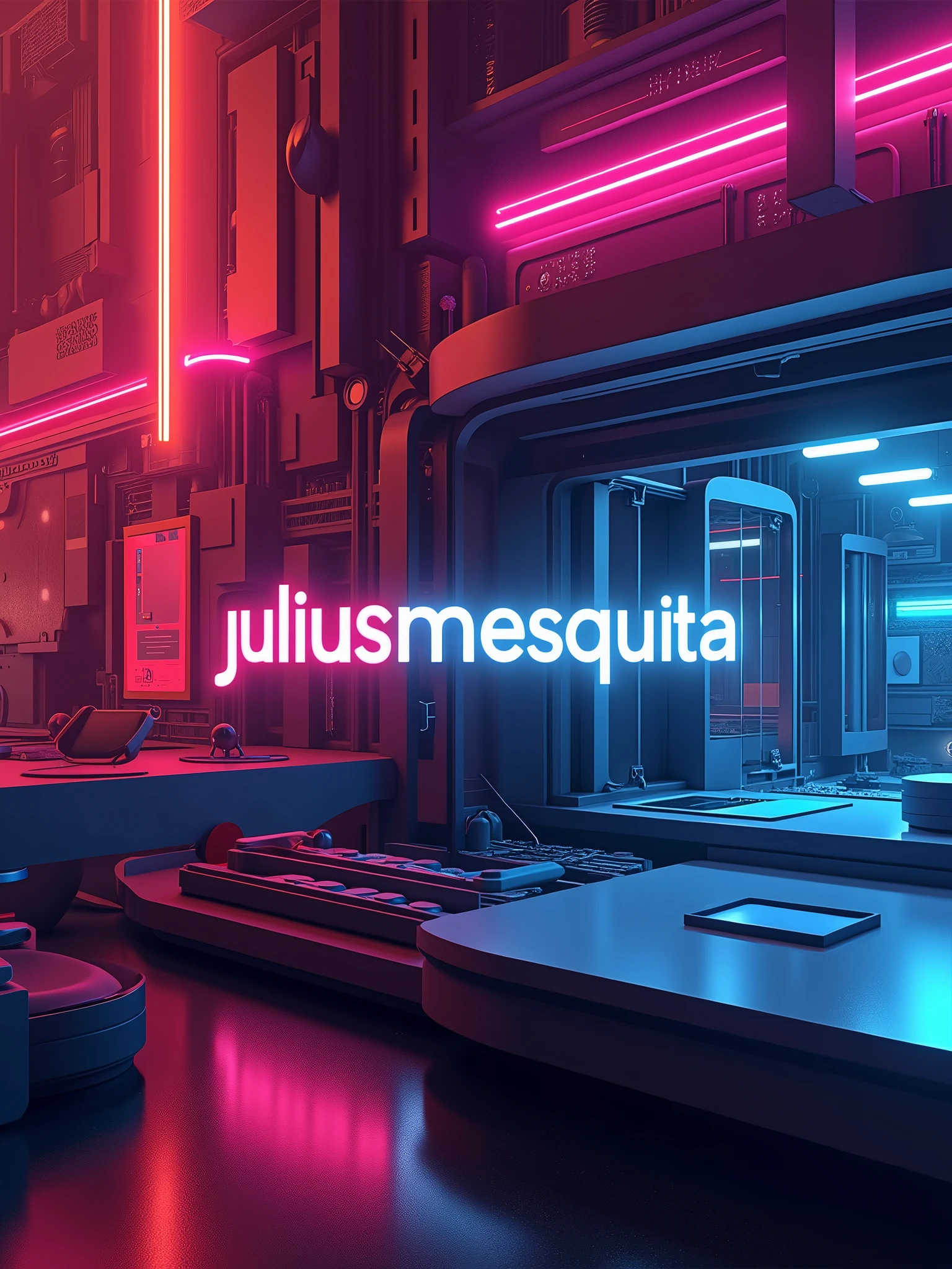 "Create a background with text " Juliusmesquita" visually stunning with vibrant colors and subtle geometric shapes, modern gradients and lines. The design should have an abstract and futuristic style, featuring a mix of warm and cool tones like neon pink, electric blue and bright red. The background should have a sense of depth, with layers of shapes and lighting effects that create a dynamic and engaging visual experience. The design should be suitable for use as a background, no icons or text, and should maintain a modern and sophisticated aesthetic. AR-16:9 8k