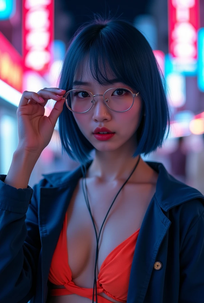 close-up, photograph of, an Asian woman, with straight short bright dark blue hair with bangs and an unbuttoned open dark blue jacket adjusting the glasses on her face while standing in front of a bright led lit city street at night BREAK wearing bikini, wired earbuds hanging around her neck, extremely intricate details, masterpiece, enhanced contrast, highly detailed skin