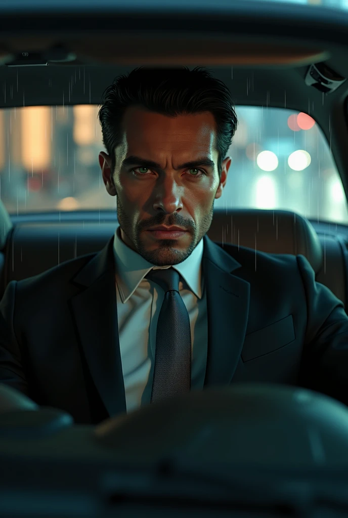 Homme, cheveux noirs, yeux verts, Beau visage en costume noir, cravate grise , fond de pièce ville pluvieuse , Assis sur sa voiture , regarde droit devant lui, visage de face ,