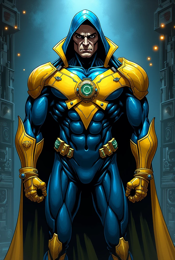 create comic book villain, nome de Crossó, with blue and yellow clothes