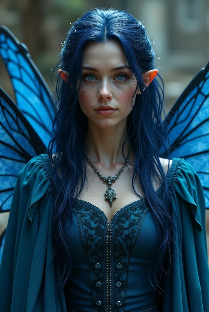 An adult fairy with dark blue long hair and blue eyes. She is in her mid 40s. She has deep blue fairy wings, that look like they are made of water. She has a wise expression. She wears medieval clothing.
