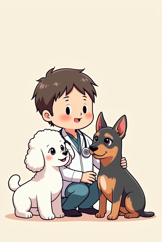 Make a chibi-style drawing of a male veterinarian and two female dogs, being a white poodle with black eyes and a YORKSHIRE with erect ears, gray hair, black and brown.