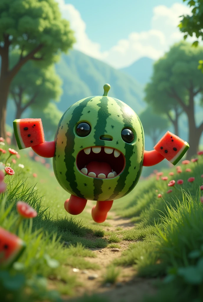 Create a doll with a made of watermelon running in fear of a person who wants to eat it, with the non ROBLOX behind