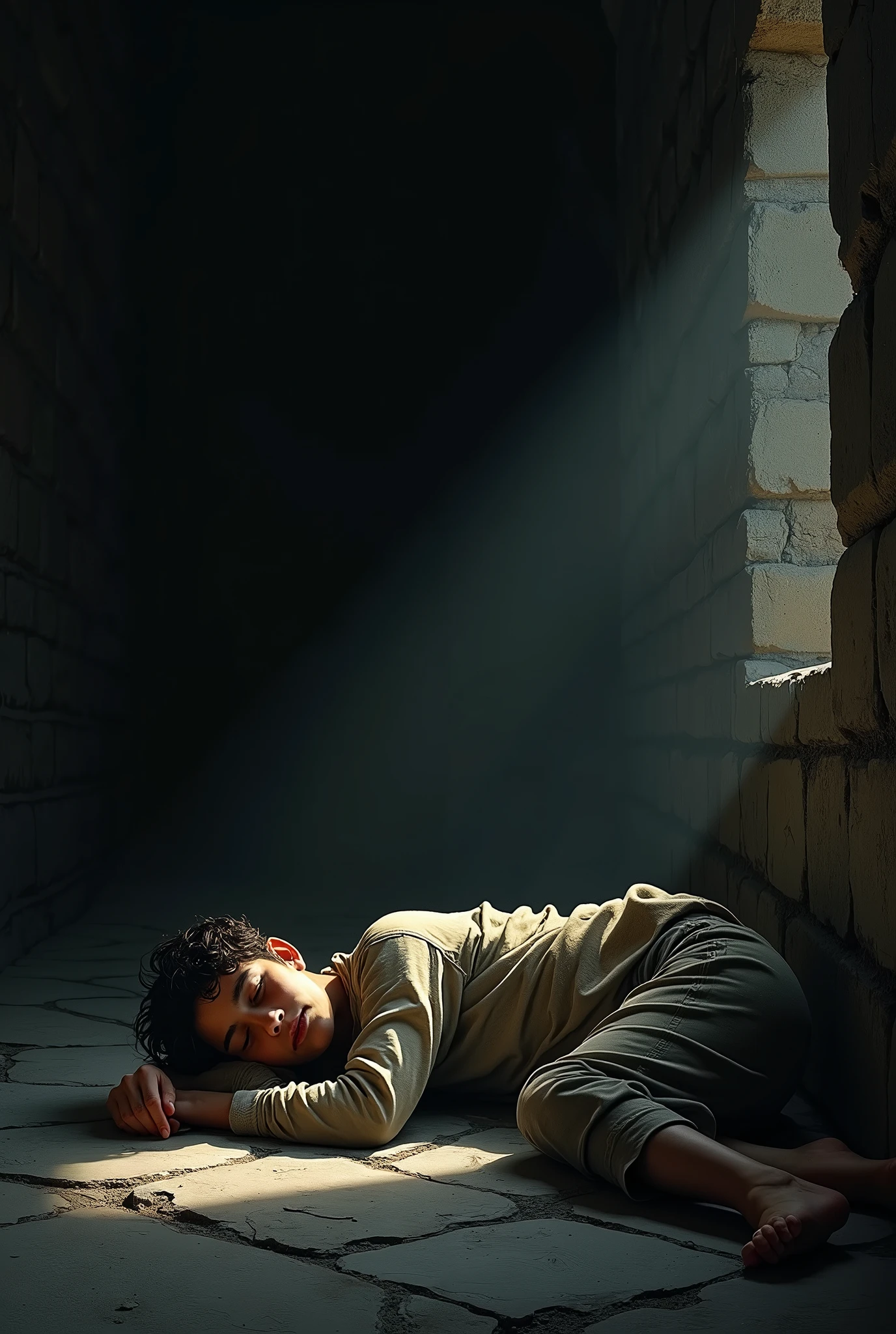 Young man sleeping on the floor of a room with stone walls