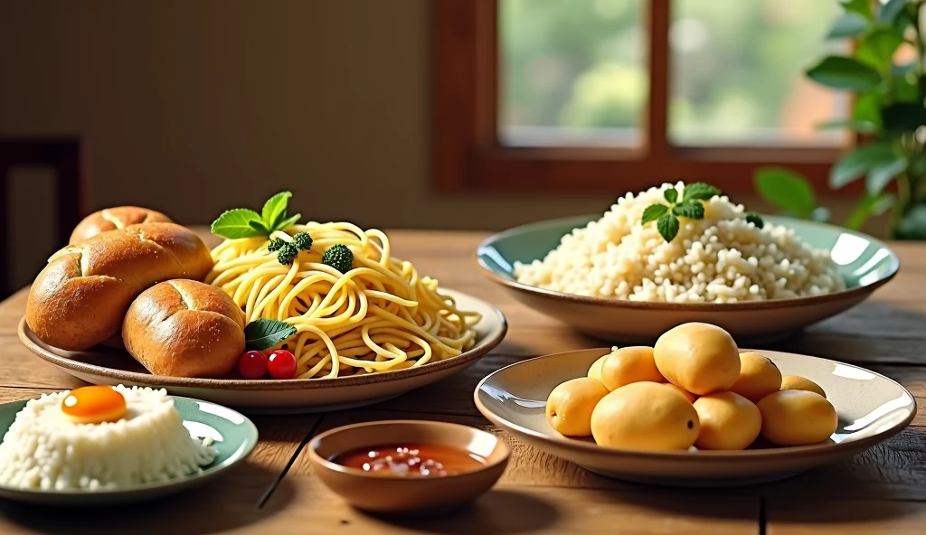 bread noodles rice and potatoes separated in different plates on a homely wooden table served elegantly and with warm colors