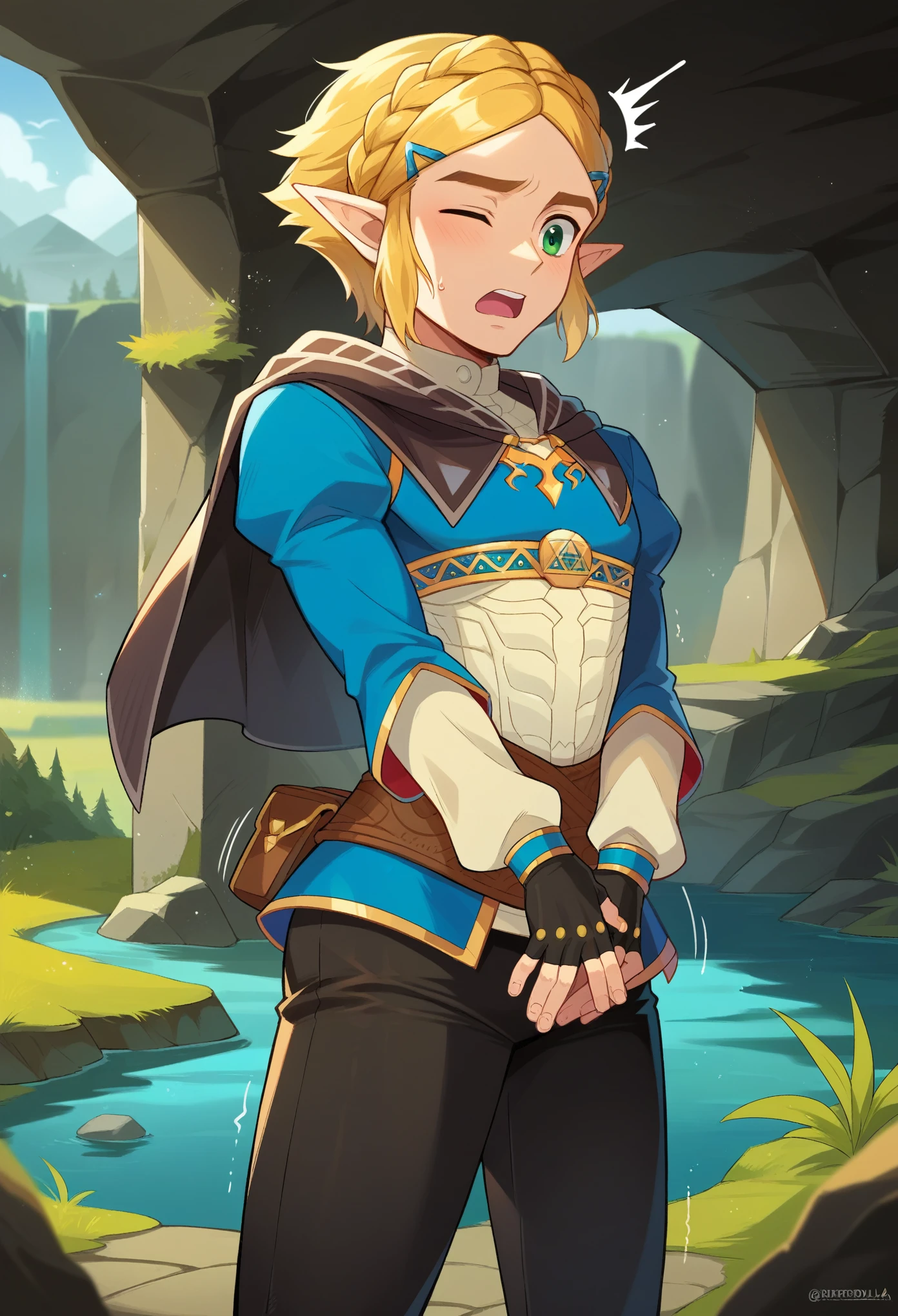 ((highest quality)), ((Home)), (detailed), Expressive eyes, Perfect Face, short hair, Blonde Boy, my, Link, Zelda Breath of the Wild Outfit, The Legend of Zelda, Naked lower body , Penis in crotch , squat, Zelda&#39;s hair clip , Kind Face , 