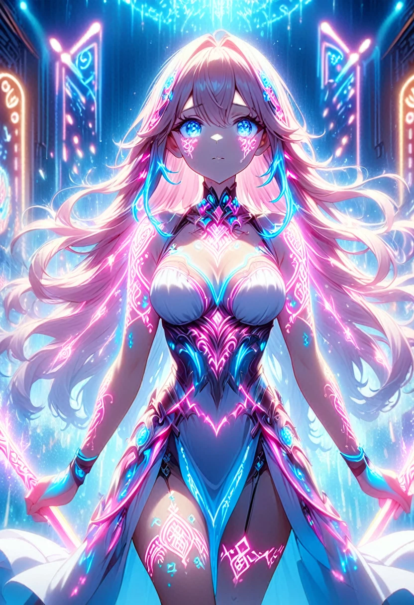 Anime Screenshots、 Artistic anime illustration of a woman adorned with glowing neon magic tattoos all over her body and face。 The tattoos on his arms and legs are a mix of pink, blue and white runes.、It emits a neon light。 She has long, flowing hair.、、 This scene has a dreamy soft focus effect.、 It emphasizes the dreamy glow of the tattoo,neon Sword,shild