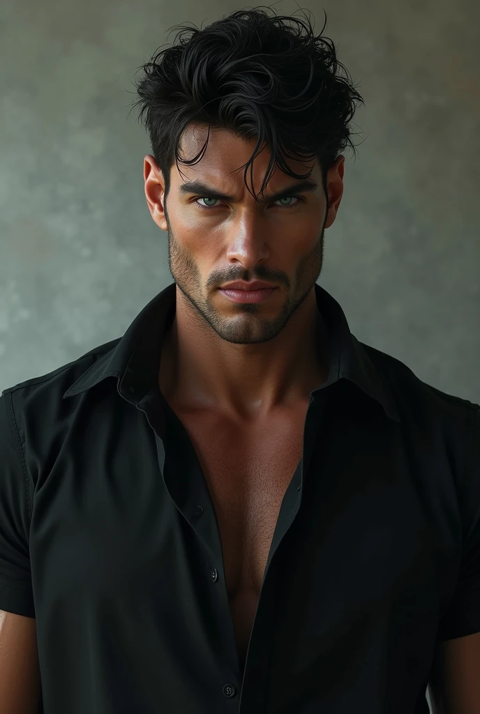 Create a pale man, serious, intimidating, attractive, imposing. long face, marked cheekbones, marked jaw. Athletic build with broad shoulders and back. Messy Dark Hair. black shirt (Make it look realistic)