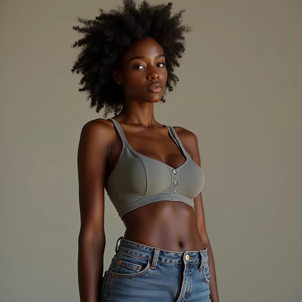 Young ebony lady, slim with gigantic boobs, casual clothes, no makeup, all natural