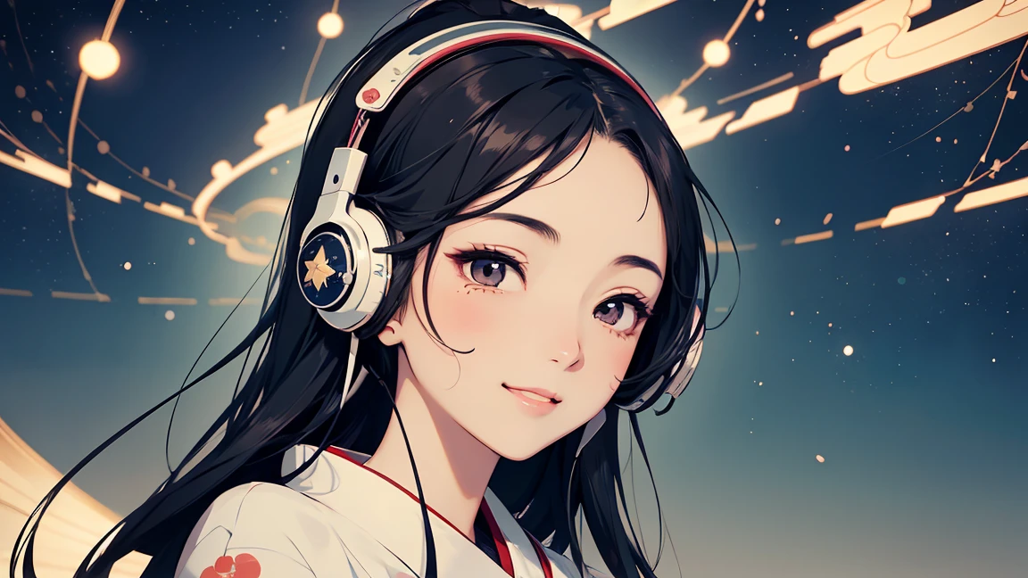 Japanese cartoons, Japanese cartoons girl, beautiful, Very detailed, Perfect face, high resolution, Highly Delicate face and hair, Japanese cartoons, beautiful, Optimal resolution, Perfect face and body, Intricate details, Delicate face, ((headphones)), ((background: night, starry sky)), ((ukiyo-e style)), ((smile)), ((1 girl)),