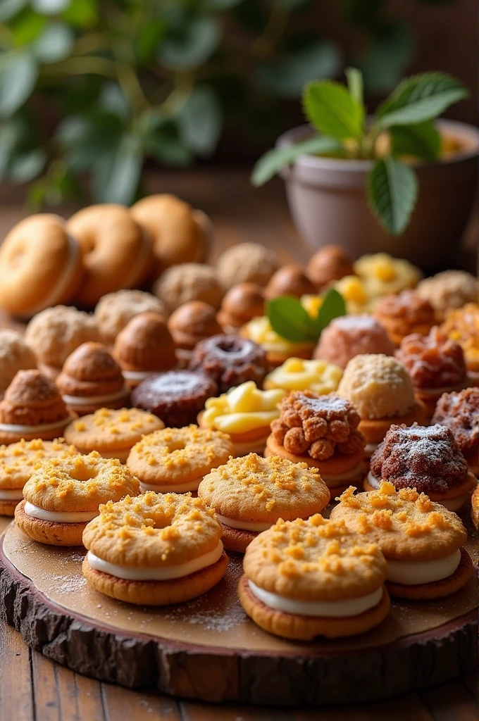 An image that combines alfajores from Mendoza and Chilean sweets, arranged on a traditional wooden table, with some regional elements such as a Chilean flag or a landscape of Mendoza vineyards in the background.