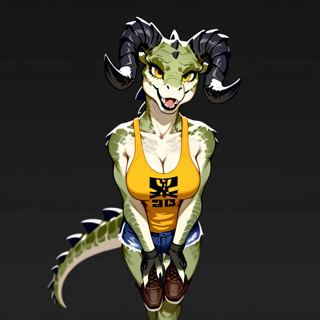 (((Masterpiece))), ((4k)), (best body), Solo, score_9,score_8_up,score_7_up, kemono style, Anthro deathclaw from fallout, Anthro reptile girl, snout, green scaled skin, gold eyes, black lips, black horns, black ram horns, athletic body, smiling, wearing brown laced tank top, pov, pov she is holding viewers face, pov she is holding viewer, simple grey background