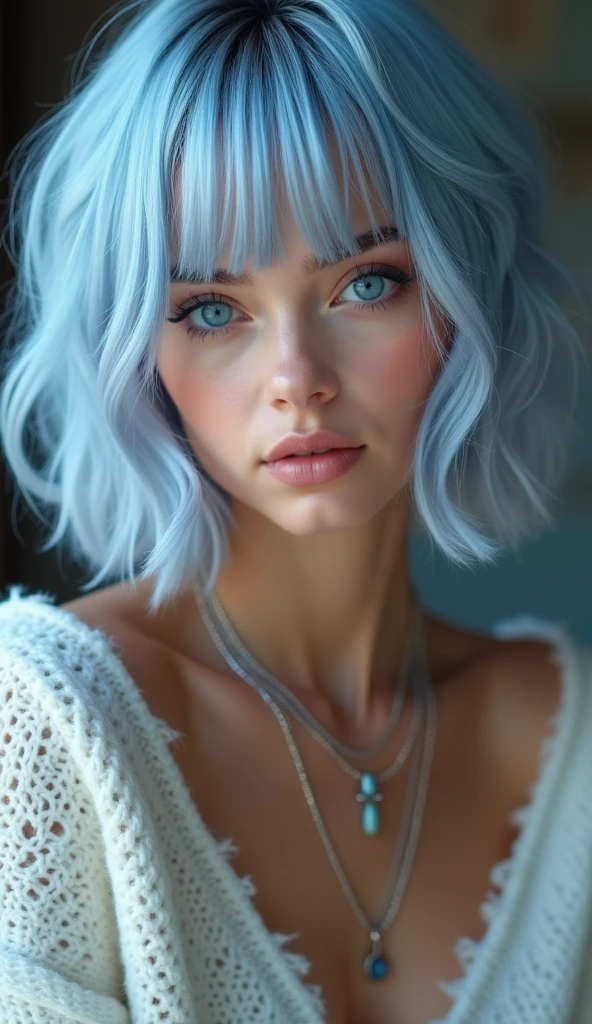 (Highest quality, 8k, 32K, masterpiece, Ultra-high resolution:1.2),Cute 1 American woman image, Large Breasts, Very short bob hair,Upper Body,Face Focus,(Extra Large_sweater,:1.1) necklace, background, View your viewers, Leaning forward, (((Silver streaks in blue hair))), (((Bright light blue eyes))) (((Award-winning details)) ((Avatar makeup and pop star clothing)))