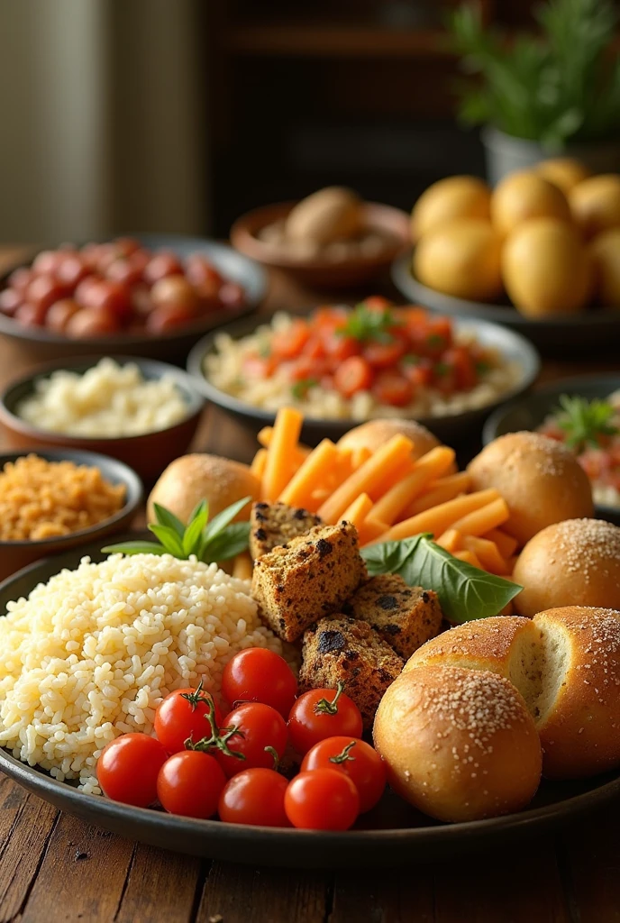 bread noodles rice and potatoes on a homely wooden table served elegantly and with warm colors