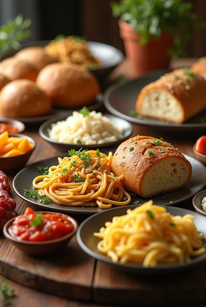 bread noodles rice and potatoes on a homely wooden table served elegantly and with warm colors