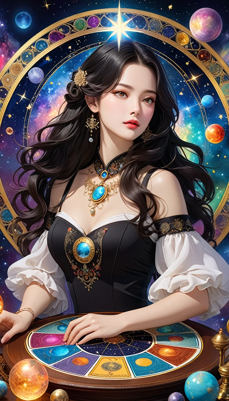 最Highest quality, Highest quality, 16K, Unbelievably absurd, Very detailed, 2.5D, delicate and dynamic, , formal, universe space, Night Sky, Crescent Moon, constellation, Beautiful nebulae, meteor, , Tarot Cards, Giant Magic Circle, Complex magic circle, Colorful magic circle, Colorful celestial globe, Small face, Very delicate look, Delicate eye depiction, Upper body close-up, erotic, Sexy Woman, Cool woman, Long black wavy hair, Healthy body shape, 2. Women, Cool woman, height: 170cm, A large, swaying bust, astrologer, 星Fortune telling, Tarot Cards, Calm expression, 複雑なmagician'Costume, magician'Costume in chic colors, garter belt, Fishnet tights, magician'Shoes, Fortune telling, declare, Tarot Cardsを配る, Tarot Cardsをばらまく
