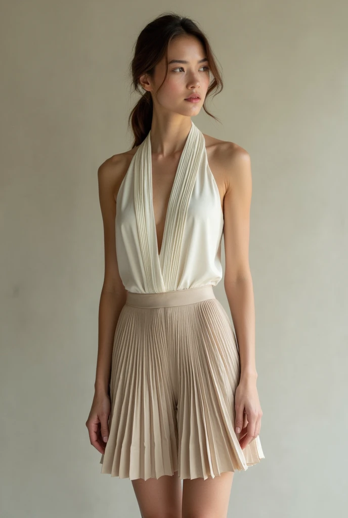 European woman model wearing halter neck blouse set and short pleated skirt made of thick fabric