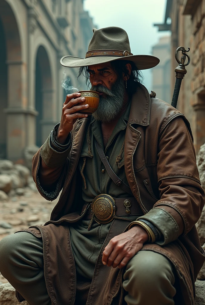 Dark Souls character dressed as a gaucho drinking chimarao