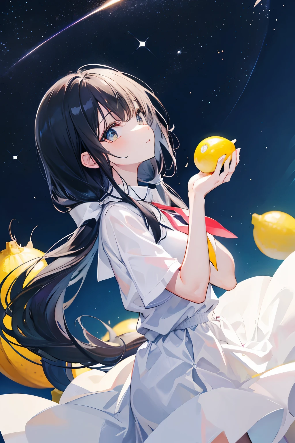 Black hair, neat, holding lemon, looking up at the night sky, girl, side tail
