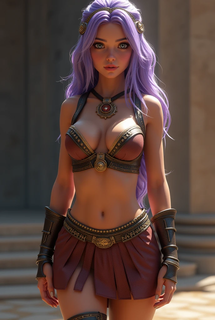 (Very detailed CG unity 8K wallpaper),best qualtiy,cinmatic lighting,detailed back ground,((best quality)), ((masterpiece)), (detailed), NSFW, small breasts, prominent collarbones, skinny arms, flat and toned stomach, visible hip bones, full body, long hair, purple hair, Realistic Shadows, Detailed skin, Very small breasts, Hair Ribbon, Very detailed, highly detailed face, Perfect face shape, Perfect lips, Perfect nose, Correct beautiful eyes, Watching Viewer, Best Quality, Single Girl, young female warrior, dressed in a tasteful, revealing outfit that emphasizes her strength and agility, Her outfit should be like a greek hoplite armor and can include elements like a fitted leather armor with deep cleavage, a short skirt, thigh-high boots and showing her toned abs. She should have long, flowing hair, and carry a sleek, elegant weapon like a sword or bow. The overall look should be empowering and sexy, not safe for work