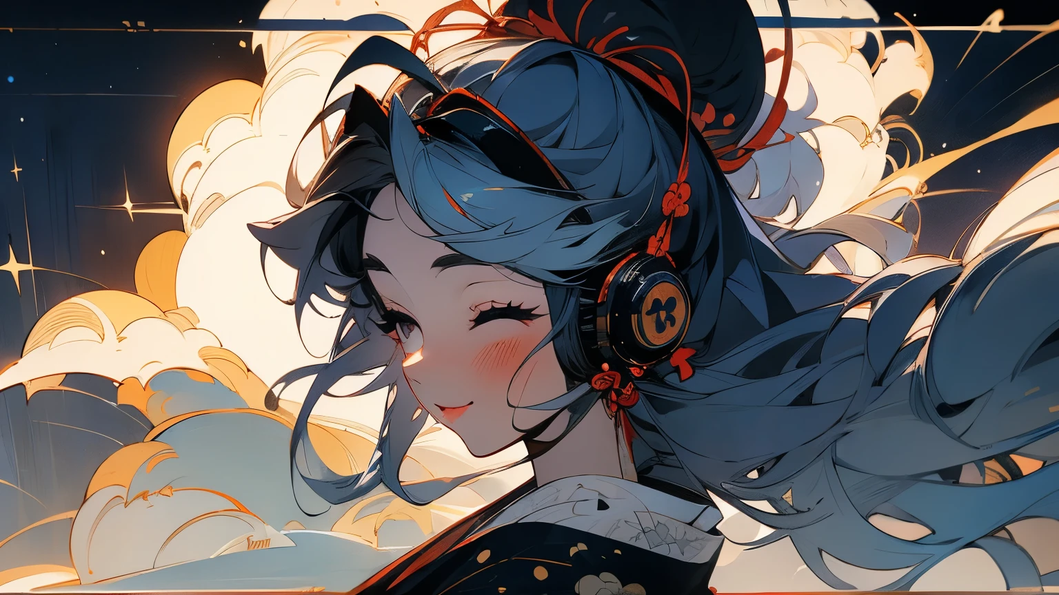 A white rabbit, ((headphones)), ((background: night, starry sky)), ((ukiyo-e style)), ((smile)), ((1 girl)),
