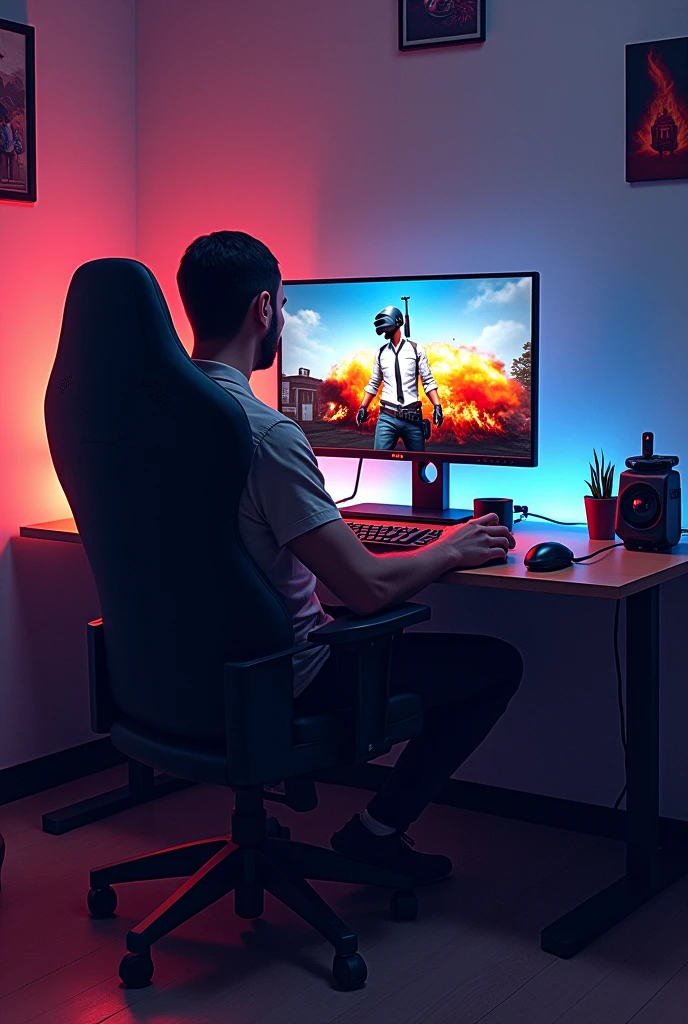 Make a rectangular dp of A men sitting on chair in front of his Gaming pc while he is playing a Pubg game in his pc