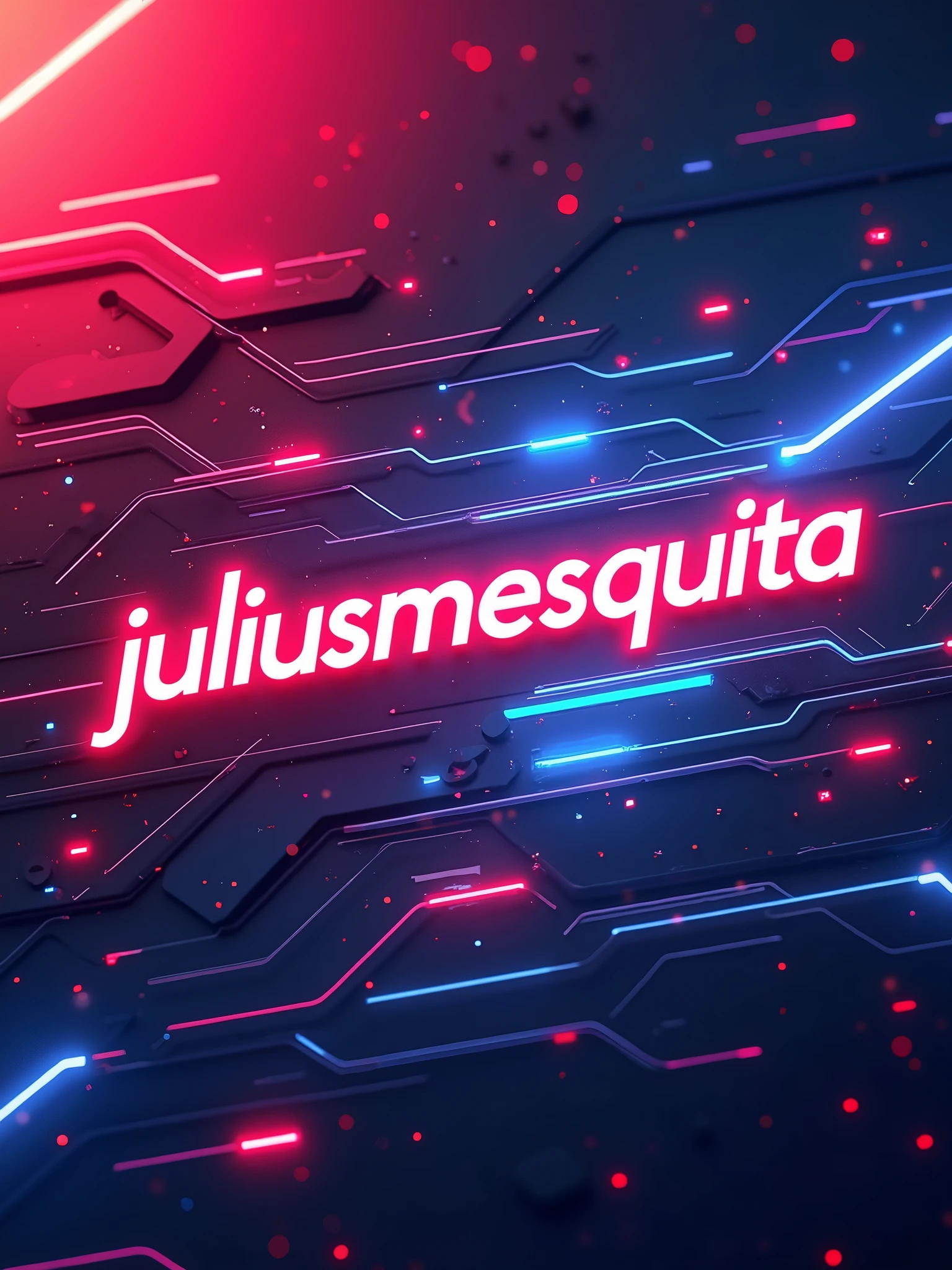 "Create a background with text " Juliusmesquita" visually stunning with vibrant colors and subtle geometric shapes, modern gradients and lines. The design should have an abstract and futuristic style, featuring a mix of warm and cool tones like neon pink, electric blue and bright red. The background should have a sense of depth, with layers of shapes and lighting effects that create a dynamic and engaging visual experience. The design should be suitable for use as a background, no icons or text, and should maintain a modern and sophisticated aesthetic. AR-16:9 8k