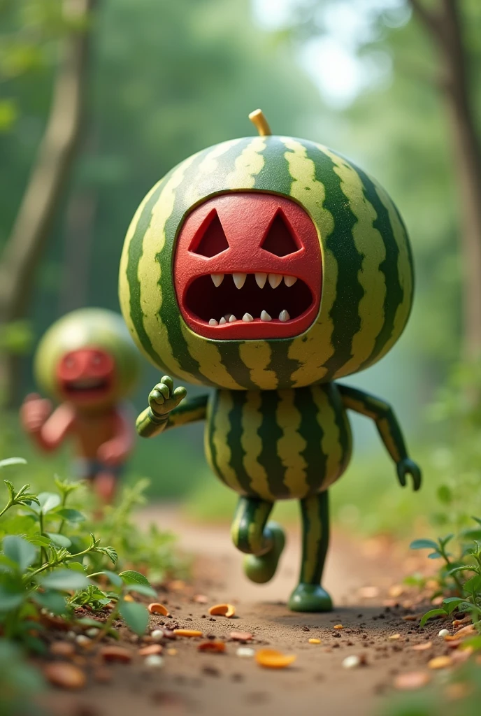 Create a doll with a made of watermelon running in fear of a person running after it who wants to eat it, with the non ROBLOX behind