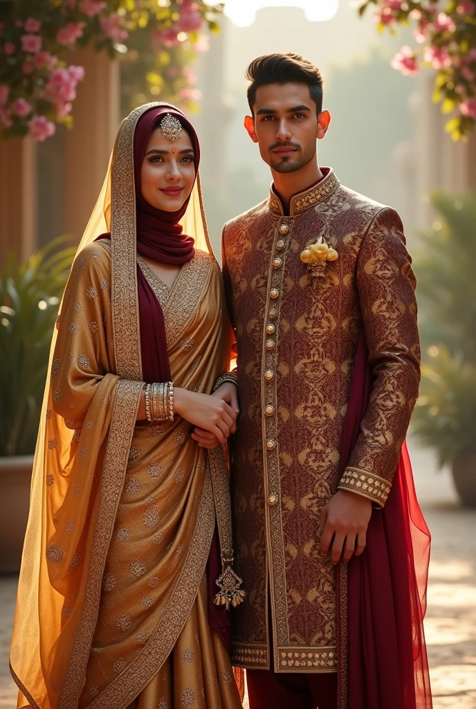muslim Bride in golden sharee with maroon hijab and maroon veil. No skin other than face and hair will be visible. her groom in golden kurta -pant. over the kurta, he will wear a maroon waist coat. he won't have any hat or cap on his head . He wil be clean shaved. at daylight
