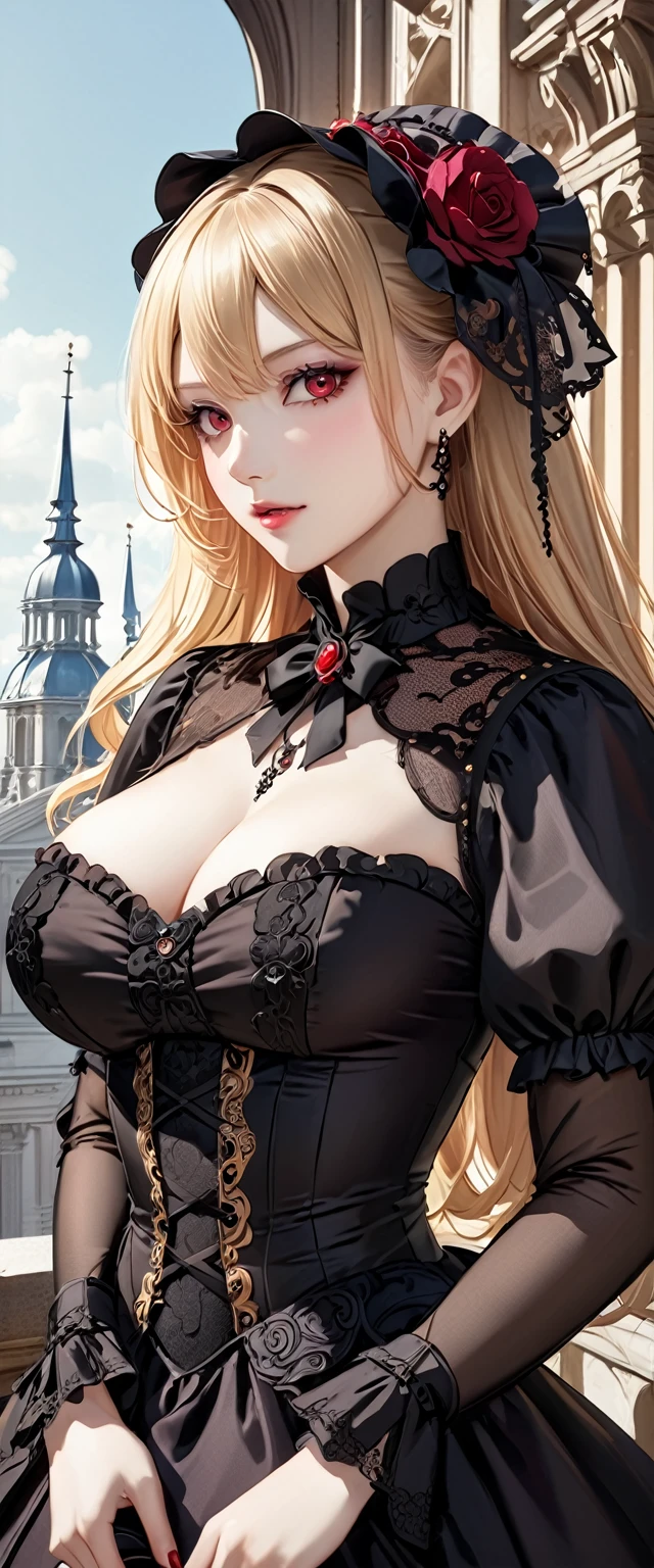woman wearing dress and boots , baroque dress, wearing a detailed steampunk dress, elegant gothic princess, victorian gothic ta fashion, historical baroque dress dark, black gothic loliress, fantasy style clothing, rococo dress, black rococo, fantasy costume, wearing a gothic dress, romantic dress, gothic dress,blonde,,(((upper body portrait))),red eyes,city,big breasts
