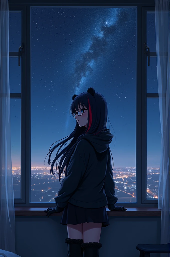 A 20-year-old Russian girl with black long hair who has dark blue eyes And in her hair she has one highlight of red, as for her clothes she wears a black hoodie with bear hears attached to the hood and a black half skirt and for the shoes she wears black boots with black furring, for the accessories she wears black glasses. This girl is watching the sky full of stars from her bedroom window