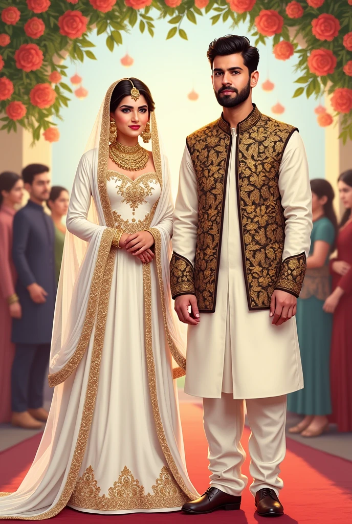 Pakostani nikkah bride in white gharara shirt abd duppata wirh heavy jewellary and groom in white shalwar kammez and waist coat illustration