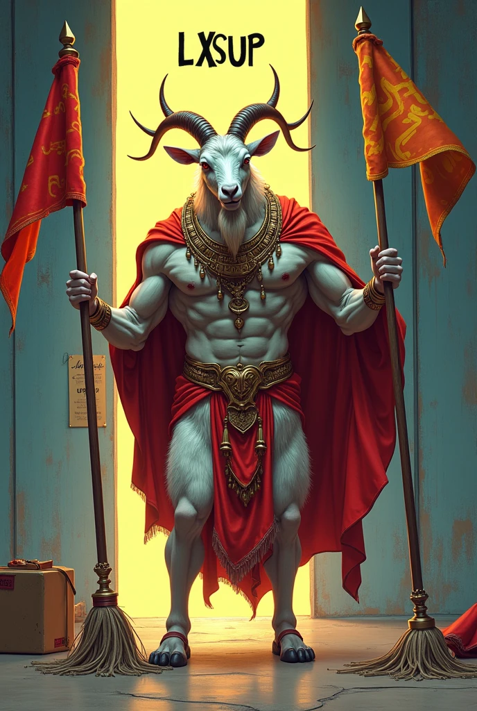 Create me an image of a goat all muscled up in the clothes of a god mopping with two pennants, one red and one green, and on the top of the goat that says LX SUP 