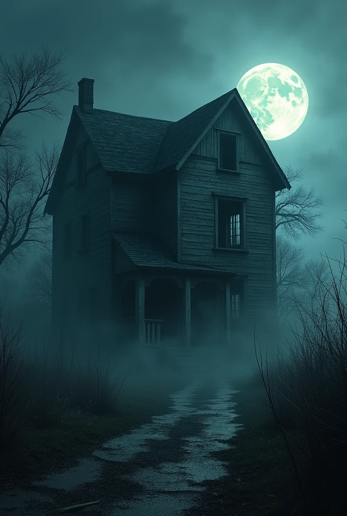 A spooky haunted house on a dark, foggy night with a glowing full moon in the background. The house is old and decrepit, with broken windows, a creaky door, and overgrown weeds surrounding it.