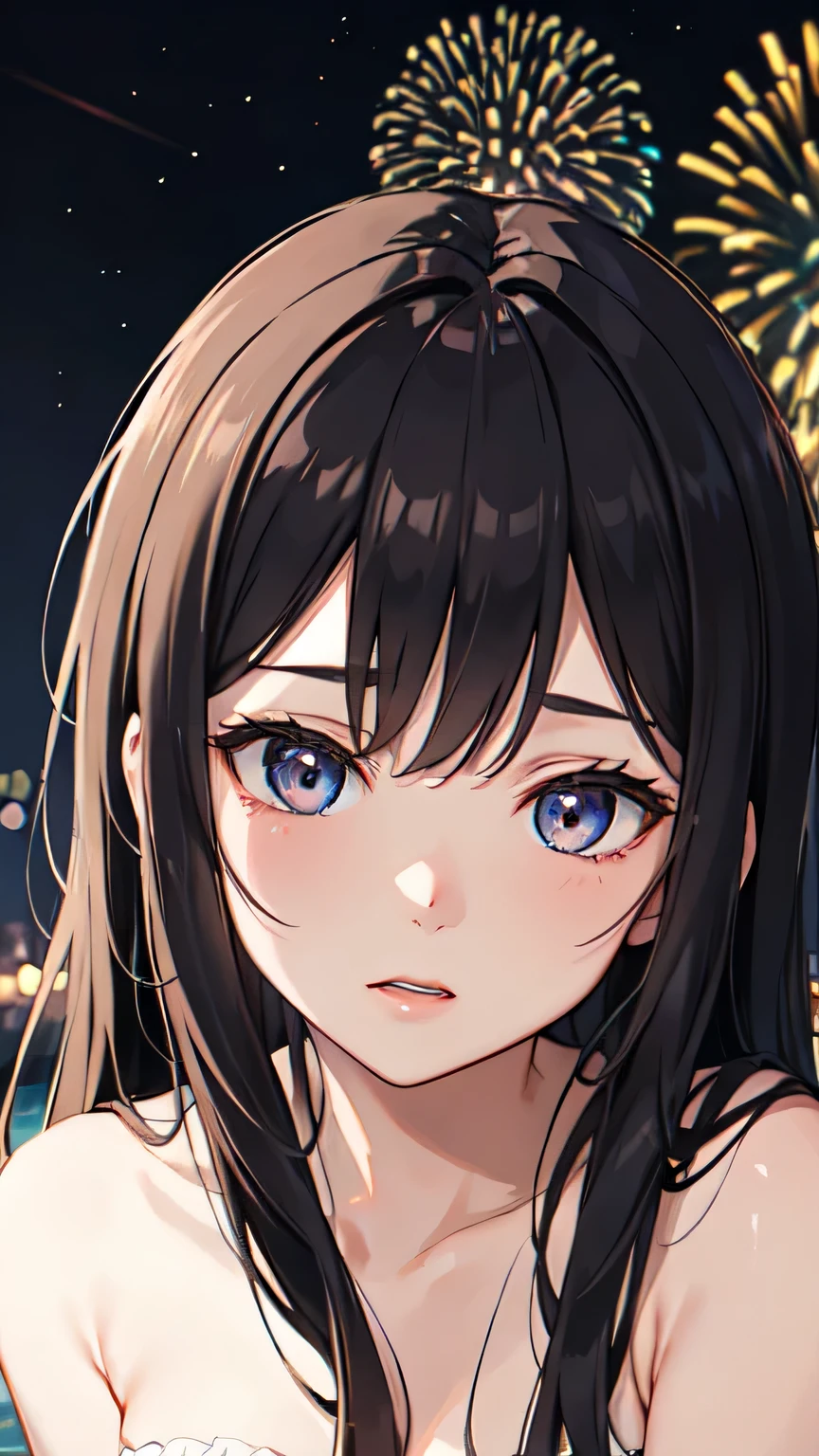 ((best quality)), ((masterpiece)), (detailed), 1girl, sexly,Almond Eye,night,Fireworks bursting high in the sky, Captivated by the brilliance of the moment, Your smile lights up the night, **Shining bright, lighting up the night** , I hope it lasts forever,Close up of face