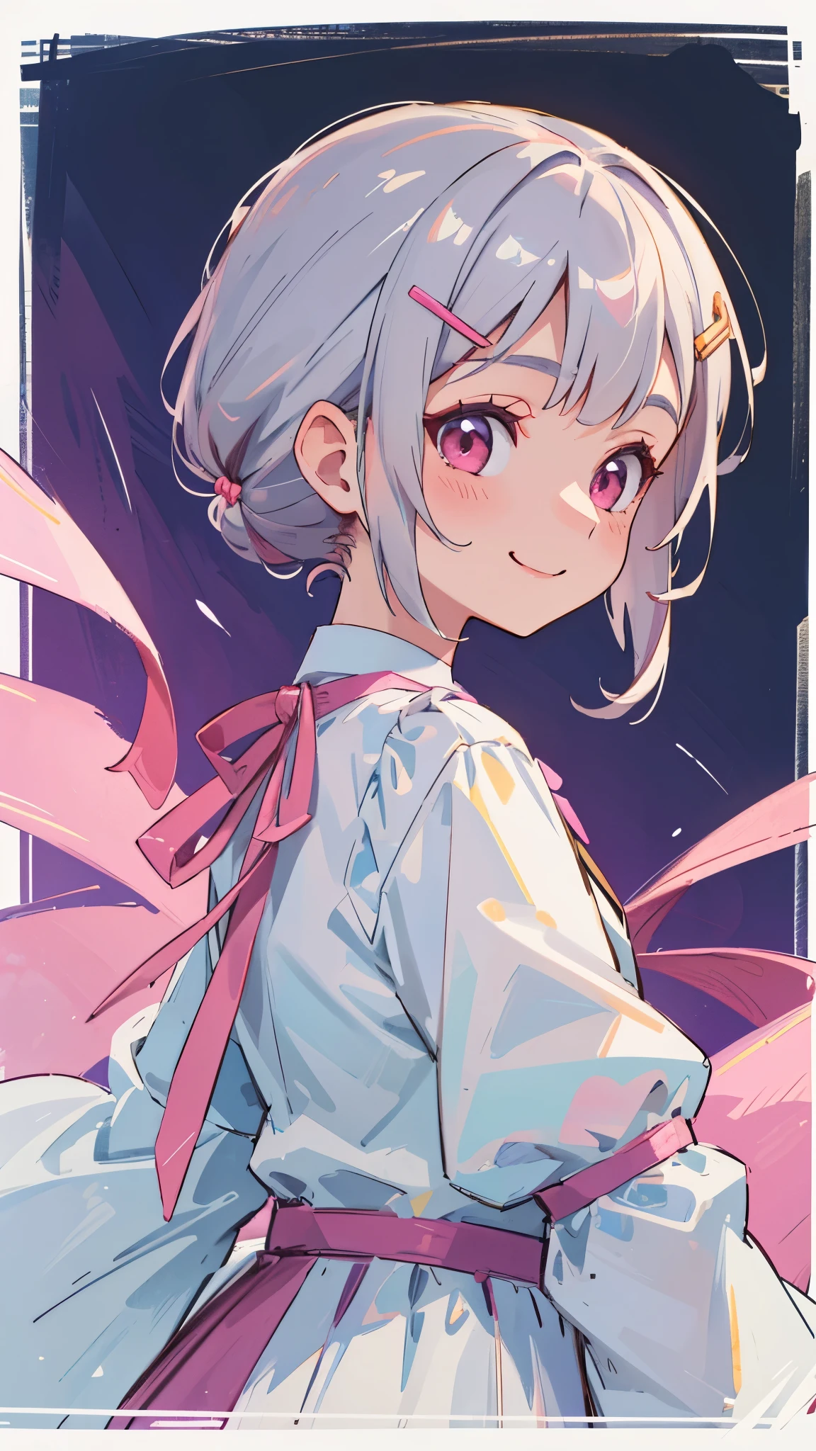 masterpiece、Highest quality、High resolution、Very detailed、Detailed Background、1 person、she 、Center of chest、White blouse、Culottes、Pink Ribbon、Short silver and bob hairstyles、Tie your hair up with a hair clip、Pink Eyes、smile、From the side、Upper body close-up
