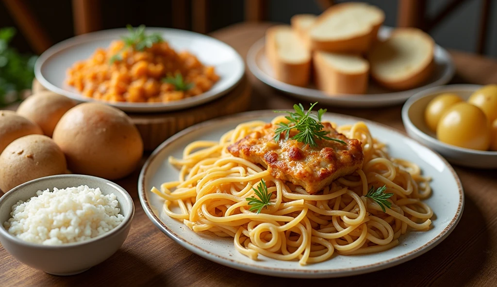 bread noodles rice and potatoes separated in different plates on a homely wooden table served elegantly and with warm colors