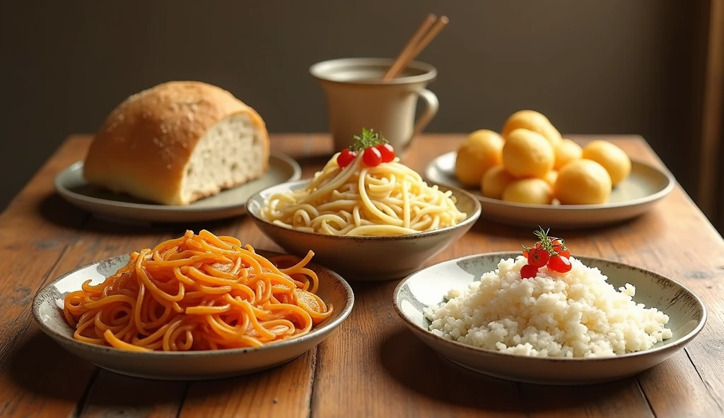 bread noodles rice and potatoes separated in different plates on a homely wooden table served elegantly and with warm colors