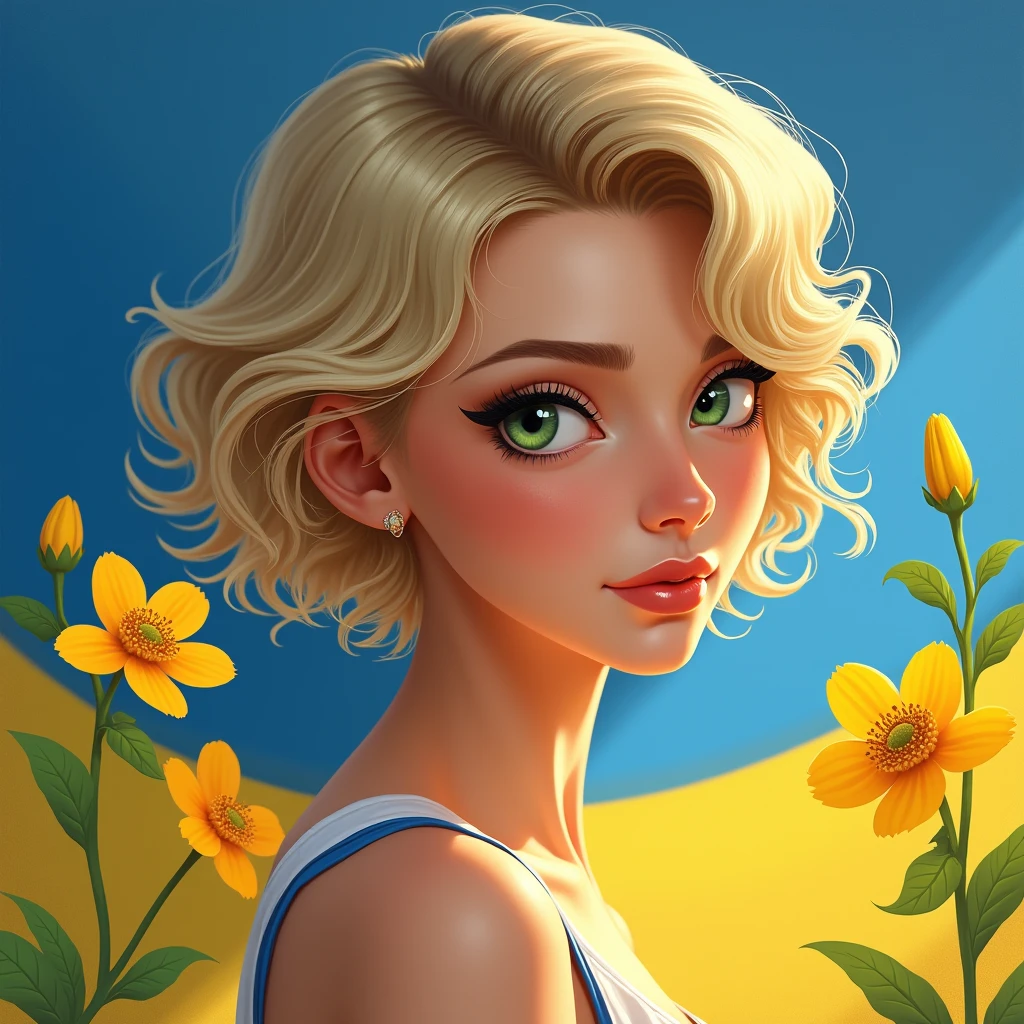 a beautiful ukrainian woman with blonde short curly hair, green years, animated, a little realistic, cartoon face, elegant and confident, digital art masterpiece, vibrant colors of blue and yellow, ukrainian flag, ukrainian flowers, best quality,4k,masterpiece,studio lighting,ultra-fine painting,sharp focus,professional,vivid colors,trending