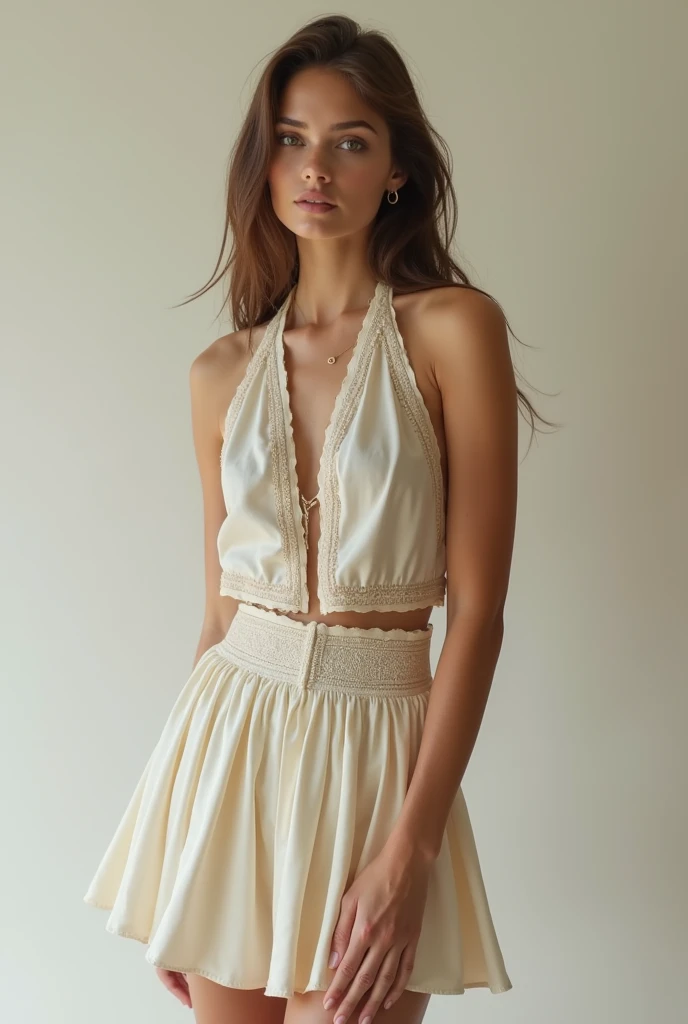 European woman model wearing a skirt and short strap blouse set with the same fabric in thick embossed relief