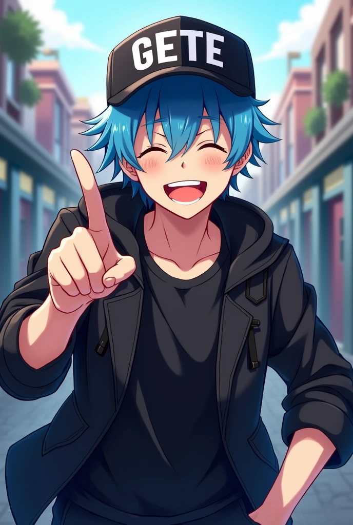 Create a male anime style character with blue hair wearing a cap with the writing GETE and wearing black clothes pointing at something with a laughing face