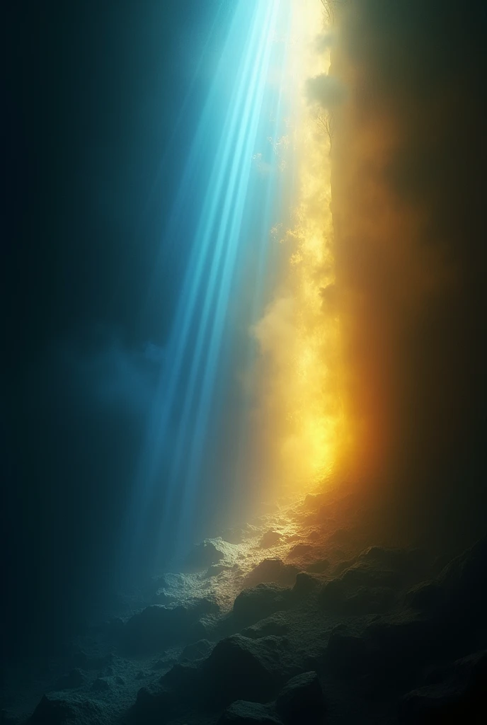 Make a black image with several light blue rays, half dark with some yellow rays on fire without any character