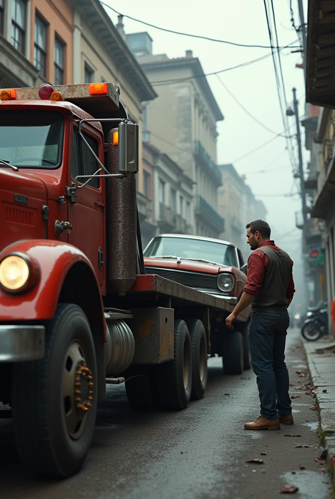 W tow truck driver towing an old car