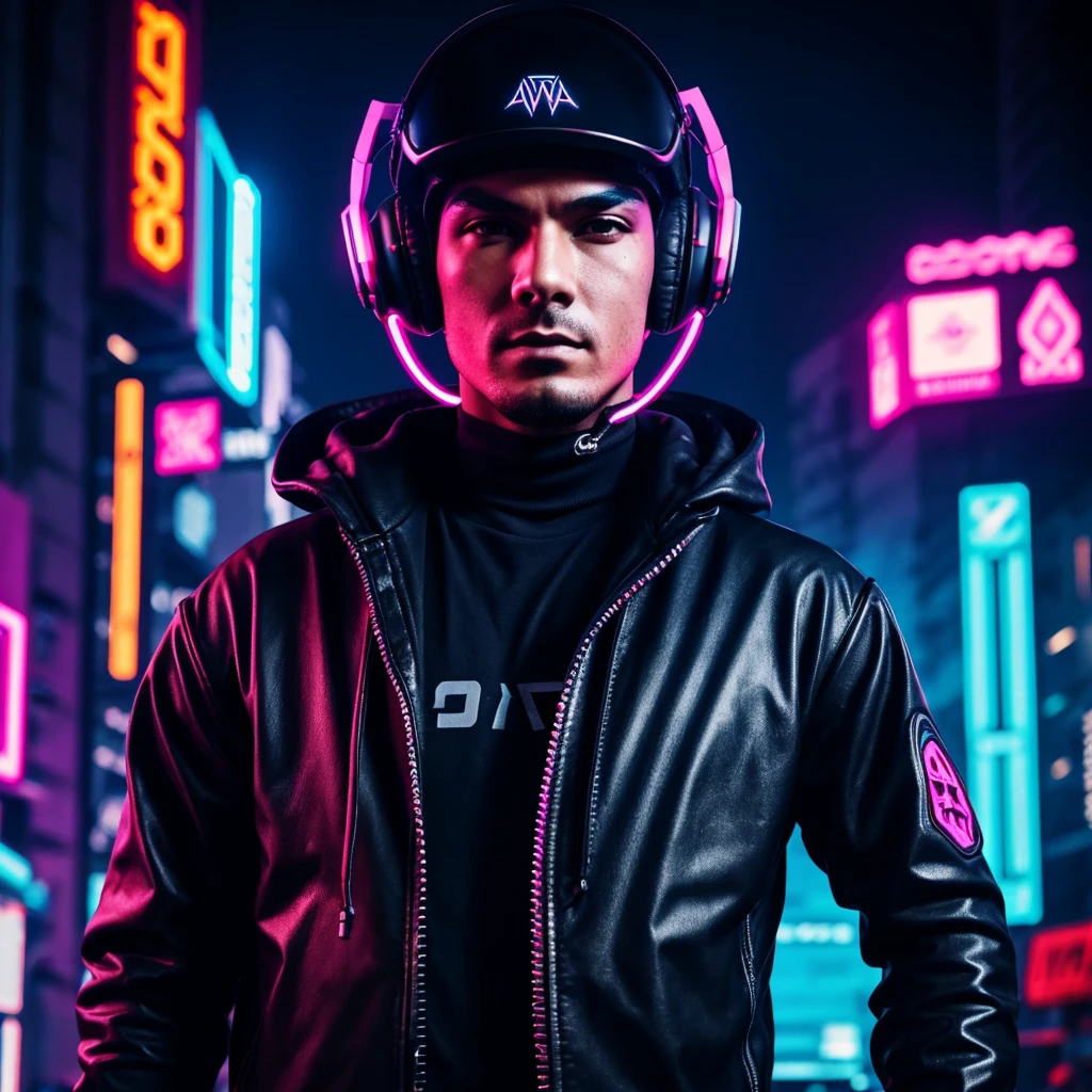 close up of a person wearing a helmet and a pair of headphones, neon operator, cyber noir, cyberpunk street goon, neon-noir background, cyberpunk dude, neon noir, cyberpunk vibe, cybernatic, cyberpunk vibes, cyberpunk hero, cyber style, cyberpunk hacker, cyberpunk wearing, has cyberpunk style, omen from valorant, cyberpunk streetwear, style of cyberpunk. Venezuela flag color, Venezuela color, neon livings with Venezuelan colors
