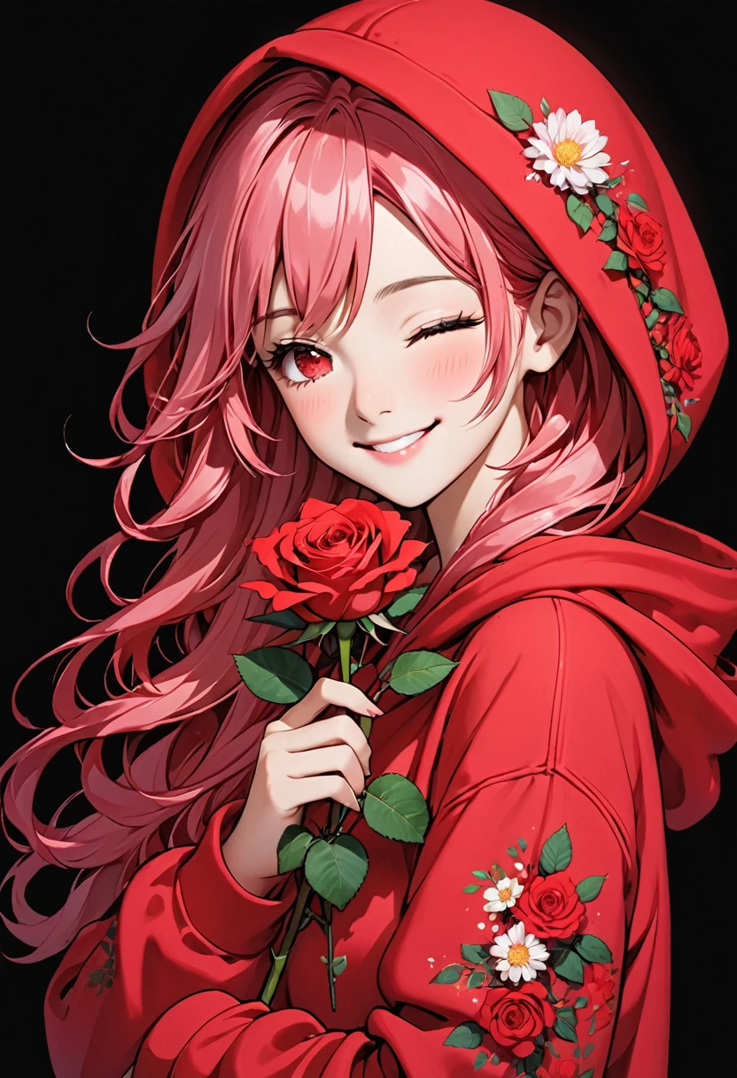 girl with pink hoodie holding a red rose with beautiful eyes and face, 1girl, solo, hood, flower, holding flower, pink hair, rose, one eye closed, looking at viewer, black background, holding, long hair, hoodie, simple background, upper body, long sleeves, smile, red eyes, red flower
