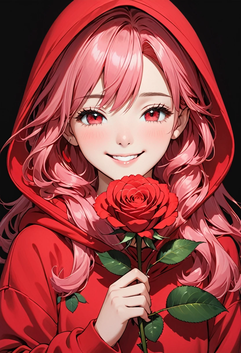 girl with pink hoodie holding a red rose with beautiful eyes and face, 1girl, solo, hood, flower, holding flower, pink hair, rose, one eye closed, looking at viewer, black background, holding, long hair, hoodie, simple background, upper body, long sleeves, smile, red eyes, red flower