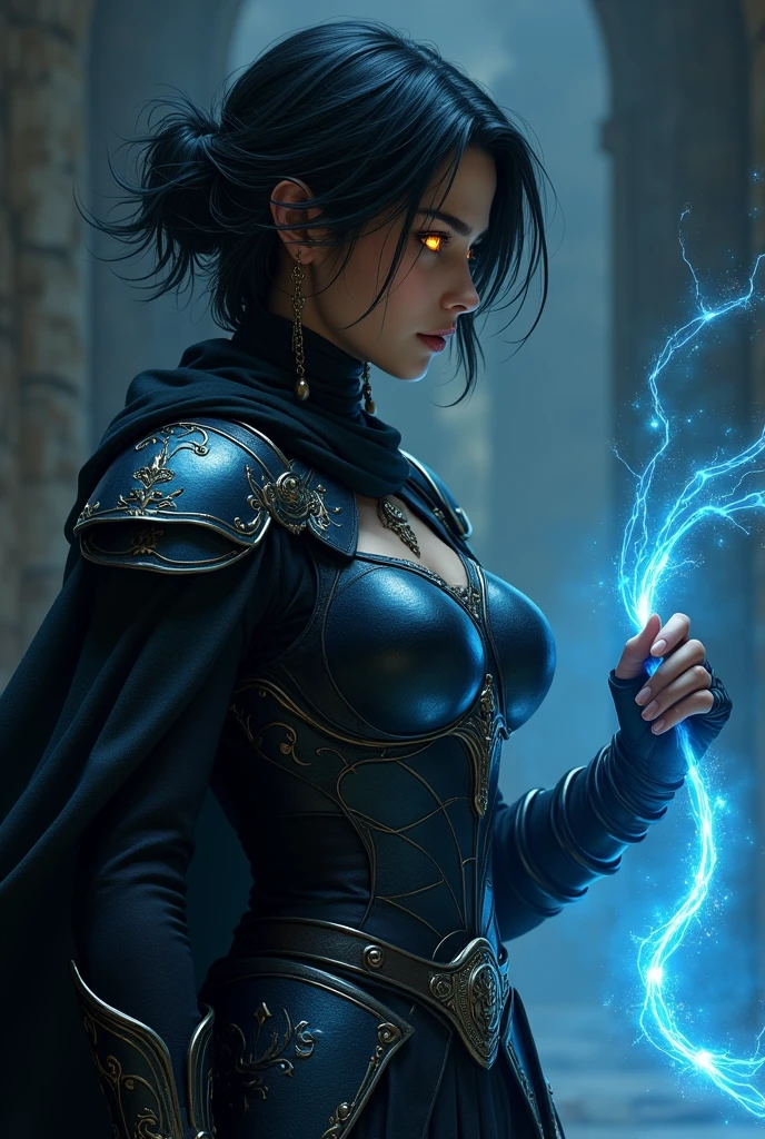 2 angry warrior magical Arabia girl with short open dark hair and golden and luminous eyes, with long luminous blue strings stretching out from her fingers and black dark full armor and looking to the right and stay in dark place